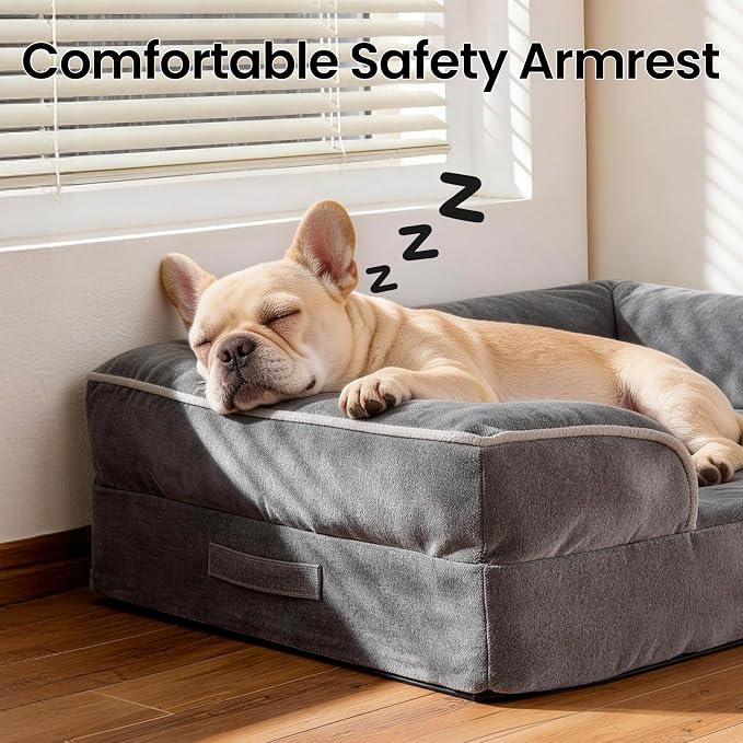 OhGeni Orthopedic Medium Dog Bed Couch Sofa, Memory Foam, 28-inch (Gray) | Waterproof Pet Bed with Machine-Washable Removable Cover & Soft Comfortable Fabric