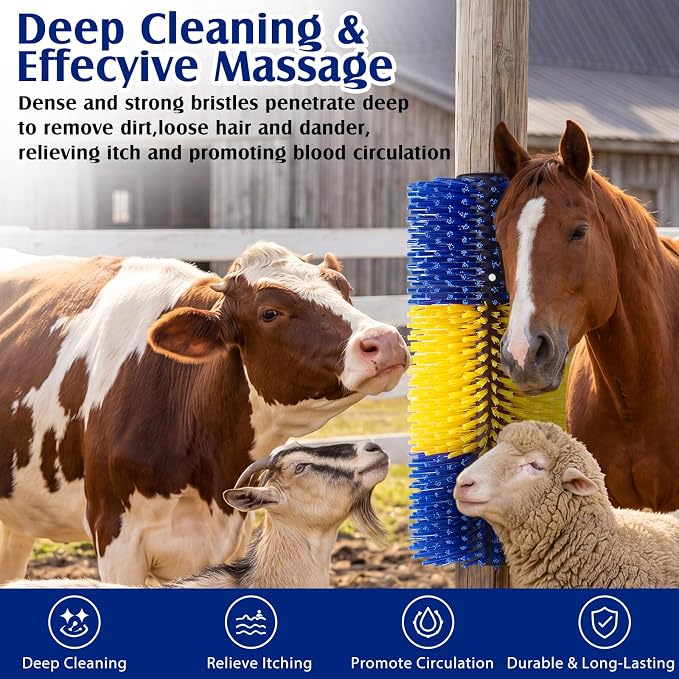 3 Pack Livestock Scratching Brush, Yellow and Blue | Animal Scratcher, Itch Relief Grooming, Horse Goat Cow Scratcher, Fence Post Mounting, Durable Bristles, Farm Livestock Care