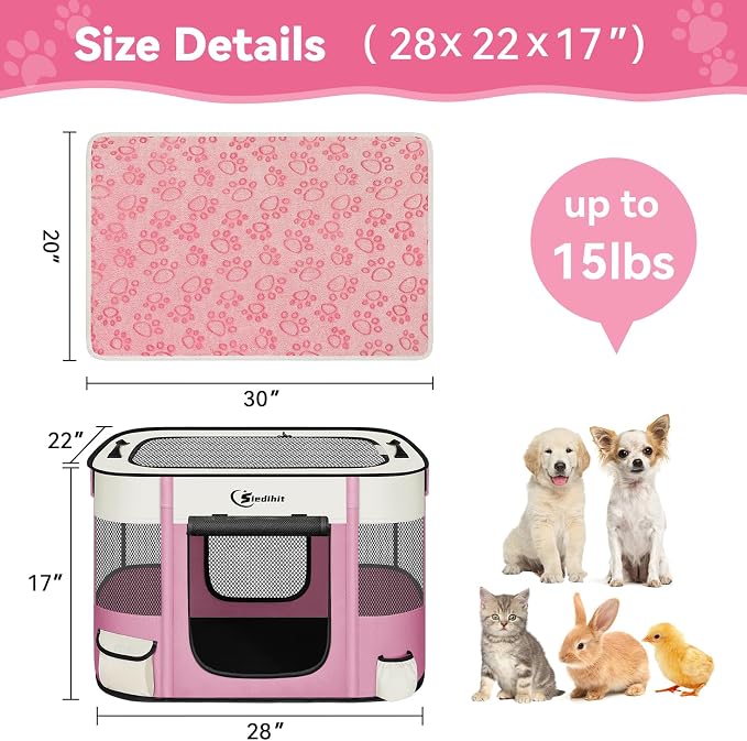 Siedihit Dog Playpen, Cat Pet Puppy Crate, Portable Playpens Indoor Outdoor (Pink with Blanket, Small)