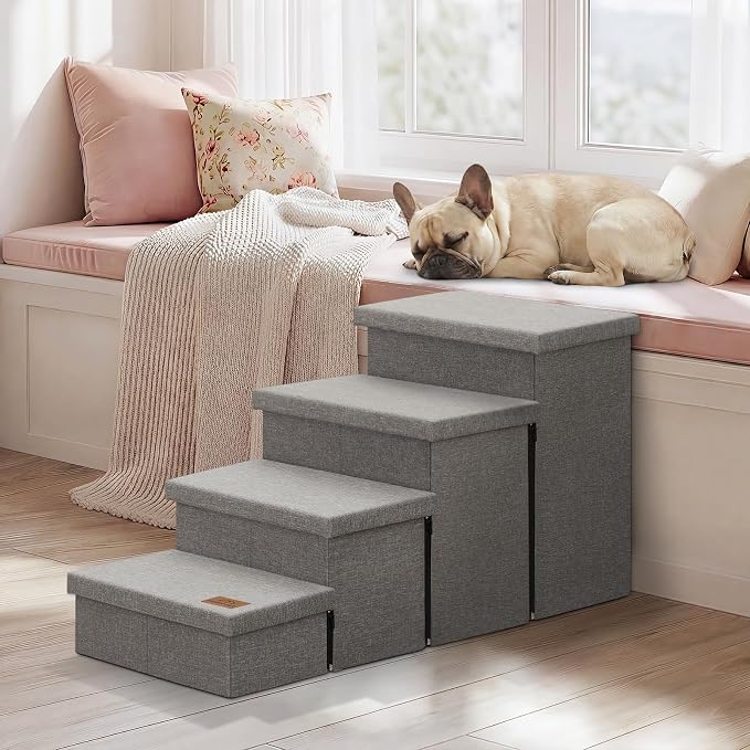 Zerbuger Dog Stairs with Storage, Grey 4 Steps Dog Ramp no Condo for Bed | 23" H Wider Dog Steps for High Beds Couch, Folding Storage Pet Stairs Gift for Climbing Small/Medium/Large Old Dogs Cats