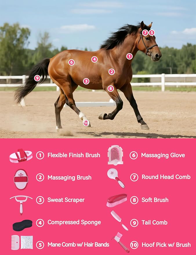 11-Piece Horse Grooming Kit with Waterproof Tote Pink Garnet | 10 coordinated horse grooming tools with comfort-grip designs and a spacious waterproof tote for complete horse grooming
