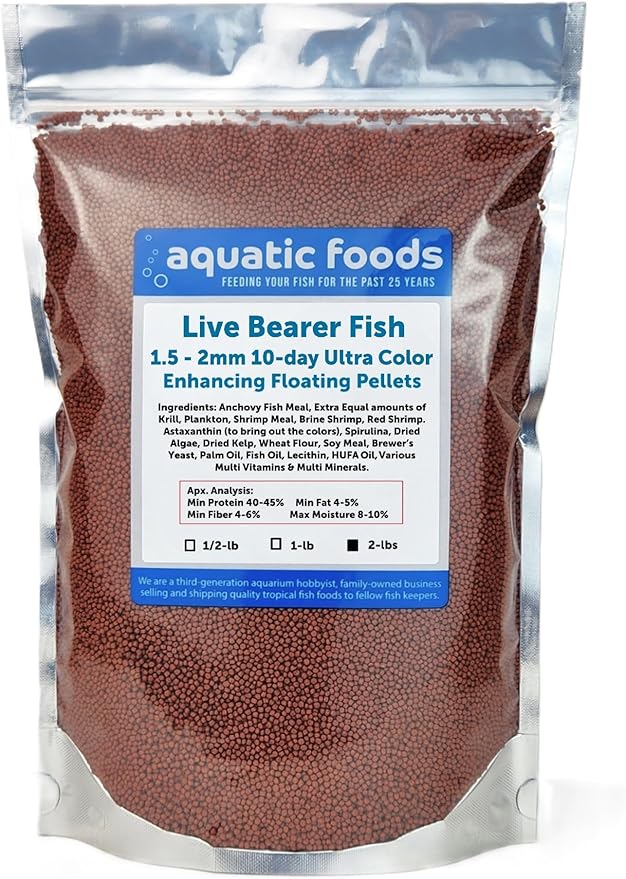 Aquatic Foods Inc. Live Bearer Ultra Red Color Enhancing 1.5mm-2mm Floating Pellets. Color Enhancing in 10-Days for Swordtails, Platies, All Live Bearers…2-lbs Bag