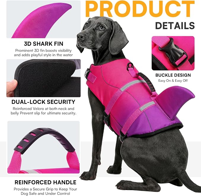 Dog Life Jacket High Flotation, Reflective Dog Life Vest for Swimming, Adjustable Dogs Life Preserver Rescue Handle Spring Summer Pool for Small, Medium, Large Dogs (Pink Purple,XL)