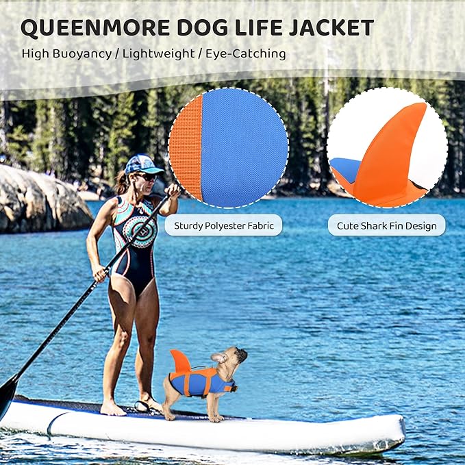 Dog Life Jacket, Adjustable Dog Life Vest, Pet Lifesaver for Swimming, Shark Life Jacket with Rescue Handle, Rip-Stop Safety Vest for Small Medium Large Dogs