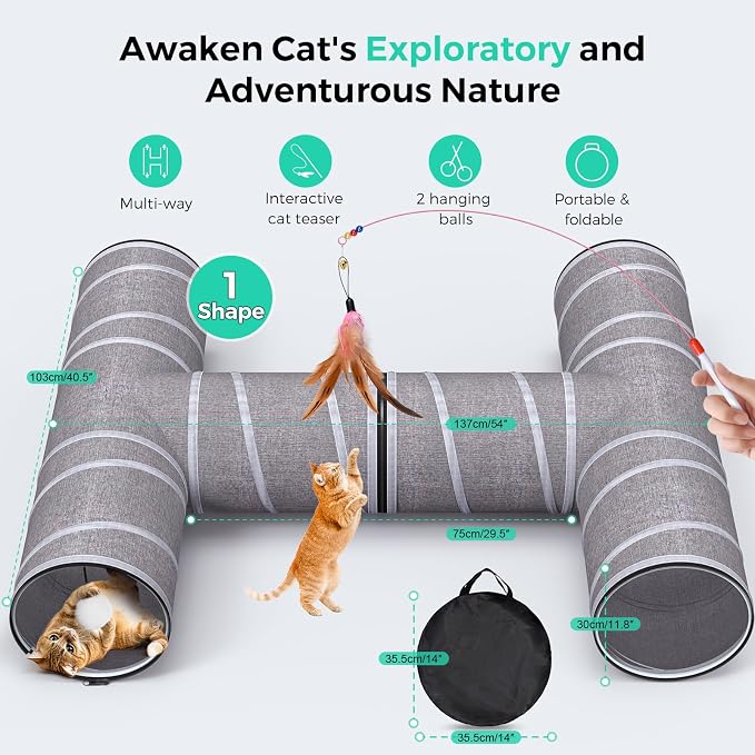 Cat Tunnel 4 Way with Teaser Wand & 2 Plush Ball, 5 Shapes Available, 54/80.7" L, H-Shaped Collapsible Pet Play Tube Maze for Kitten Puppy Bunny Ferret Rabbit, Indoor/Outdoor Peekaboo Cave