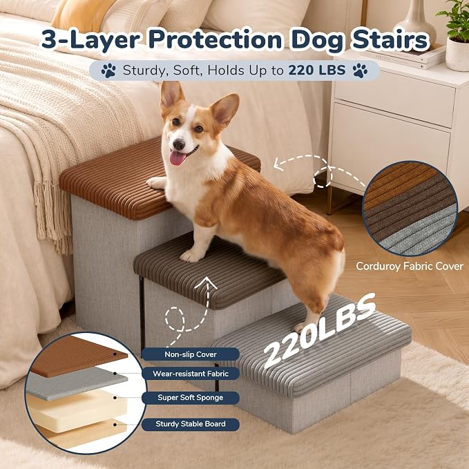 3-Step Wide Dog Stairs 18" H with 3 Colors Covers, Non-Slip Storage Pet Steps for High Bed Couch, Pet Stairs for Small/Medium/Large Old Dogs Puppy Up to 200lbs, Cat Dog Steps for Car, Grey