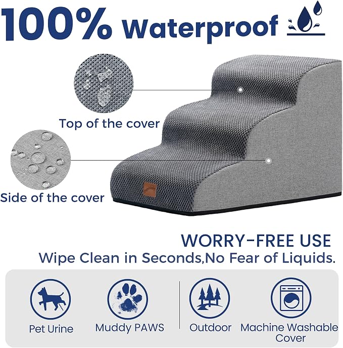 GoGoBunny Dog Stairs for Small Dogs, 3-Step Pet Steps for Couch Sofa, Grey | 15.7" H Pet Ramp, Non-Slip Waterproof Fabric Cover, Stable and Balanced Indoor Step, Pet Friendly