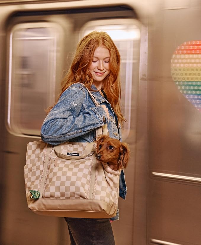 Transit Tote Dog Carrier 4-Piece Set - Premium Lightweight Pet Travel Bag with Plush Teddy Insert, Food Pouch, Air Mesh Opening, Water-Resistant Base & Safety Tether - Medium Checkerboard