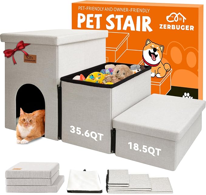 Zerbuger Dog Stairs with Storage, Beige 3 Steps Dog Ramp with Condo for Bed | 18" H Wider Dog Steps for High Beds Couch, Folding Storage Pet Stairs Gift for Climbing Small/Medium/Large Old Dogs Cats