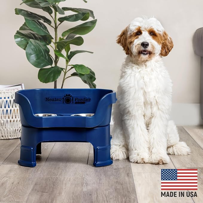 Neater Feeder Deluxe Mess-Proof Elevated Dog Bowls for Medium Dogs (19–40 lbs), 2 Height Adjustable (10” & 12.5”) No-Spill Raised Dog Bowl Stand, Stainless Steel Food Bowl Set, Made in USA, Dark Blue