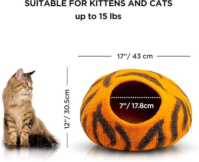 Luxurious Merino Wool Cat Cave - Foldable Hideaway Pod for Indoor Cats - Premium Felt Kitten Pet Enclosure - Covered Cat House for Ultimate Cozy Comfort by Woolygon (Tiger)