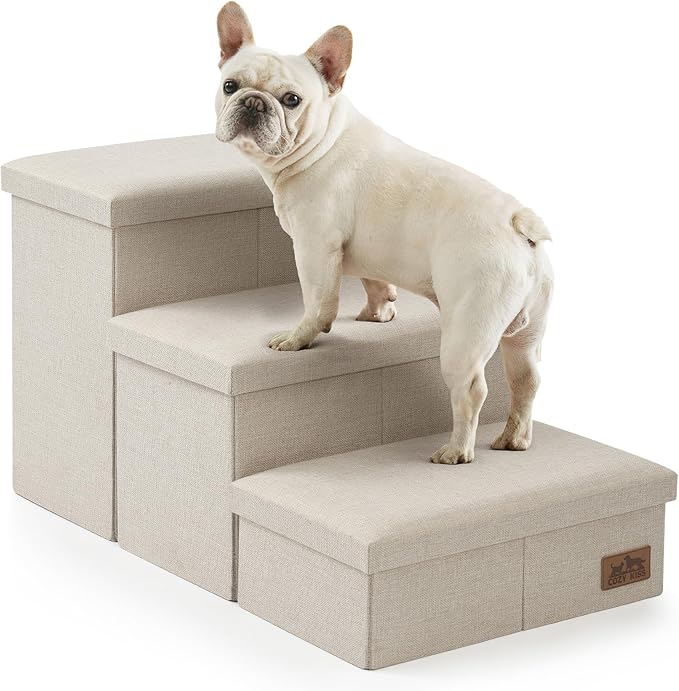 COZY KISS Dog Stairs with Storage, 3-Step Wider Sturdy Dog Steps for Small/Medium/Large Dogs and Older Cats, Folding Doggie Ramp for Bed/Couch Hold Up to 180 lbs (16.7" H, Beige)