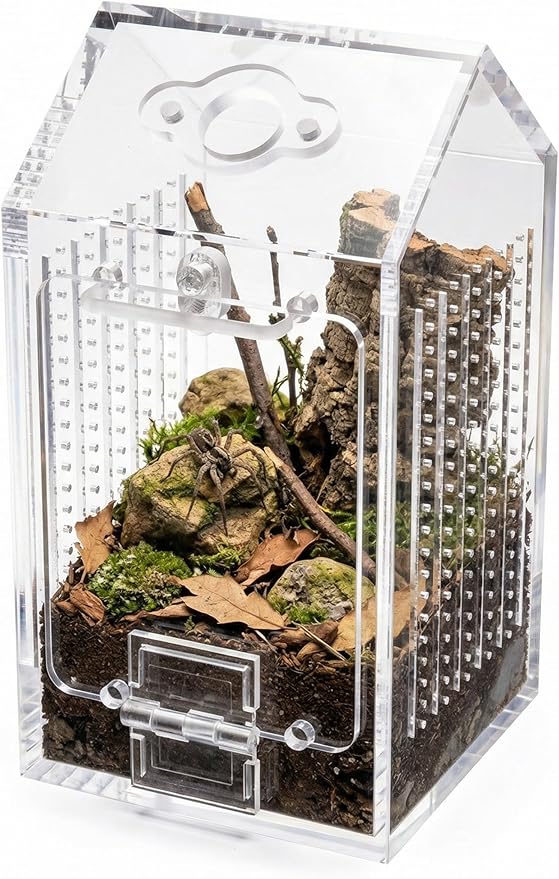 NiHome Clear Acrylic Jumping Spider Enclosure, Tarantula Terrarium, Acrylic Praying Mantis Enclosure, Magnetic Front Opening Door & Feeding Port, Escape-Proof Reptile Habitat,1.5mm Ventilation Holes