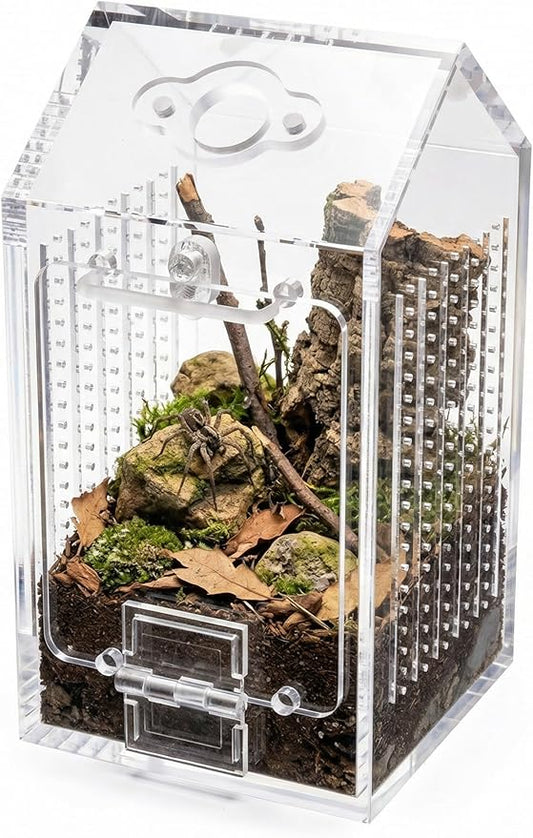 NiHome Clear Acrylic Jumping Spider Enclosure, Tarantula Terrarium, Acrylic Praying Mantis Enclosure, Magnetic Front Opening Door & Feeding Port, Escape-Proof Reptile Habitat,1.5mm Ventilation Holes