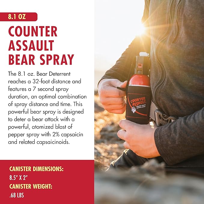 Counter Assault Bear Spray - Bears, Mountain Lions, Coyotes - Long-Range 32ft Distance - Pepper Spray Safety Gear for Hiking & Camping Protection - 2% Capsaicin - 8.1 oz