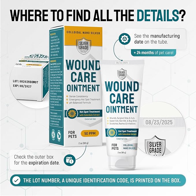 Dog Wound Care Ointment with Silver & Calendula – Aids with Scratches, Irritations, Bites – Feline & Canine Hot Spots Treatment in a Gel Form – Wound Antibiotic Ointment for Dogs & Cats in 2-oz Tube