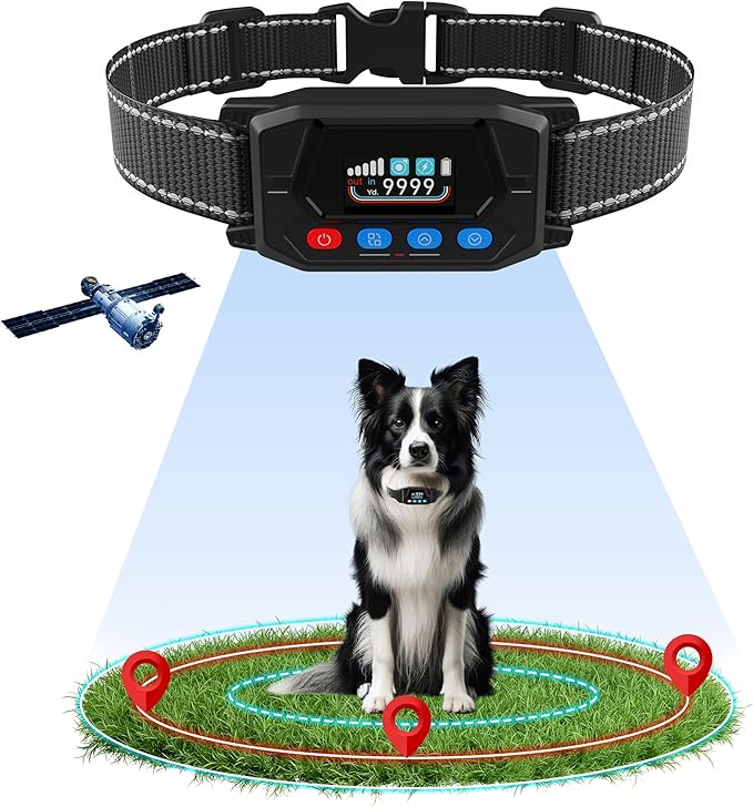 GPS Dog Collar Fence System - Invisible Electric Fence for Dogs with 3 Warning Modes, Adjustable Radius 33-9999Yards, IPX7 Waterproof Rechargeable Wireless Dog Fence for Outdoor Use