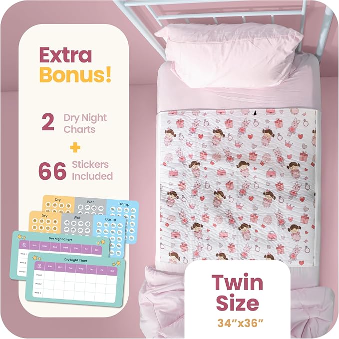 IMPROVIA® Pee Pads for Kids - Bed wetting Pads for Kids Potty Training Bed mats for Toddlers Waterproof Reuseable Washable Absorbent, Non Slip - Doll Design - Twin Size 34”x36