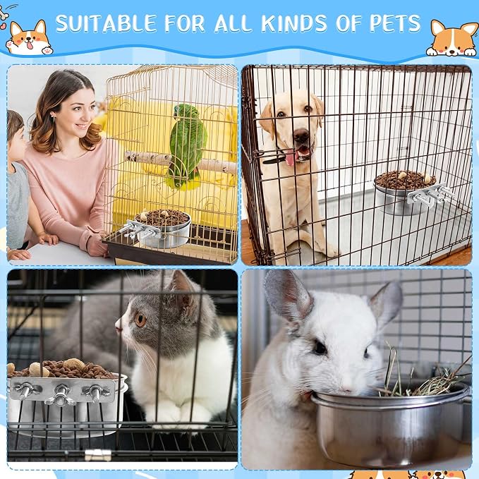 Zubebe 8 Pcs Stainless Steel Hanging Dog Crate Bowls, Non-Spill Kennel Food Water Bowls with Screw Clamp Attach Holders, Removable Mountable Metal Cage Feeder for Pet(41 Oz,19 oz)
