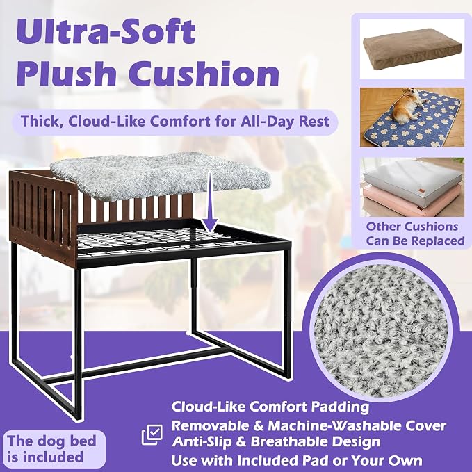 Beside Dog Bed,2 Panels Adjustable Height Dog Bunk Beds,25.6‘’x18.1‘’Metal Dogs Bed Frame with Removable Cushion,Medium (Medium)
