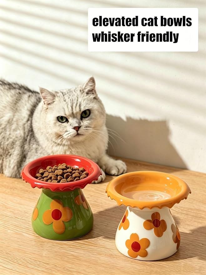 Mushroom Elevated Cat Bowls Ceramic, Cute Cat Bowls Whisker Fatigue | Raised Cat Bowl for Indoor Cats, Raised Dog Bowls Stand for Food and Water, Red 5.8" Wide for Adult Cats