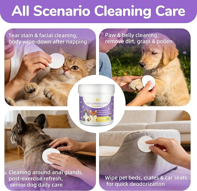 Dog Eye Wipes, 120 Count Cat Eyes Cleaning Wipes Gentle Pet Tear Stain Remover, Hypoallergenic Puppy Dogs Eye Wash Cleaner for Debris Discharge Mucus, Vet Recommended Aloe Chamomile Pets Wipe Pads