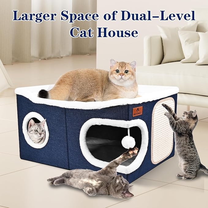Extra Large Cat Beds for Indoor Cats, Covered Cat Cave Beds & Furniture with Scratch Pad and Fluffy Ball, Foldable Cat Condo Hideaway with Reversible Cushion for Multi Small Pet Large Kittens, Blue