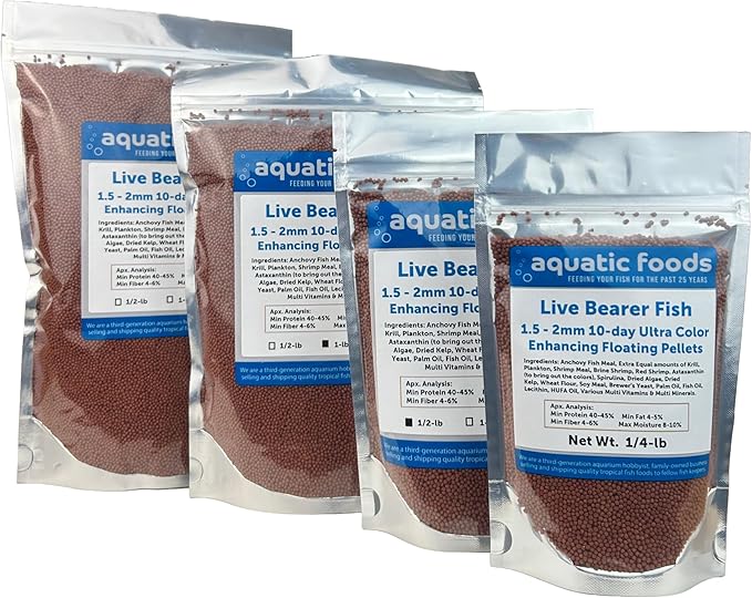 Aquatic Foods Inc. Live Bearer Ultra Red Color Enhancing 1.5mm-2mm Floating Pellets. Color Enhancing in 10-Days for Swordtails, Platies, All Live Bearers…1/4-lb Bag