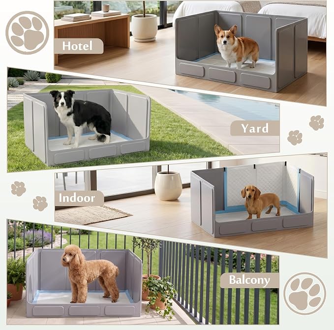 Dog Litter Box with High Walls, Foldable Pee Pad Holder, 33×22×16" | Waterproof No-Spill Indoor Dog Potty Tray, No Assembly Required, Easy to Clean and Fold, for Small and Medium Dogs, Gray