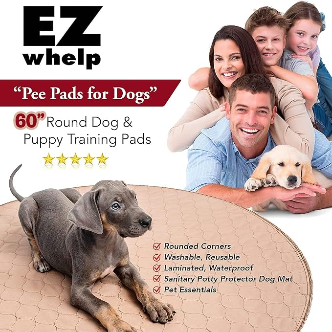 Reusable Dog Pee Pad, Washable Waterproof Round 60 in Mat, 1 Pack | 60-inch round washable waterproof pee pad, reusable slip-resistant mat for dog potty training and whelping with quick-dry