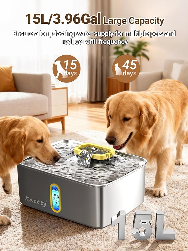 Kastty 15L/3.96 Gal Stainless Steel Large Capacity Dog Water Fountain | Ultra Quiet Dog Water Bowl Dispenser LED Light Multi Filtration Cat Water Fountain,Pet Water Fountain Easy Clean(FS78,Yellow)
