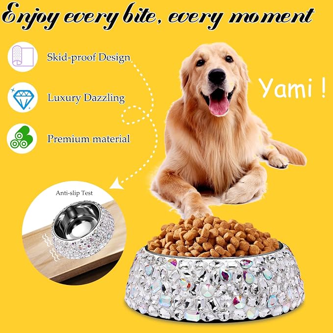 SlowVibes Bling Stainless Steel Dog Bowls,18oz Removable Diamond Metal Food Water Bowl for Feeding Dogs,Rust Resistant Non-Slip Puppy Dish,Sparkle Rhinestone Essentials for Medium Large Girl Pets