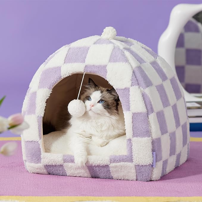 Lesure 2in1 Cute Cat House for Kitten with Washable Cushioned Pillow,17.3in | Cat Beds for Indoor Cats,Small Pet Cave Tent,Cozy Enclosed Foldable Hideaway,Fluffy Ball,Anti Slip Bottom,Hand Strap,Purple