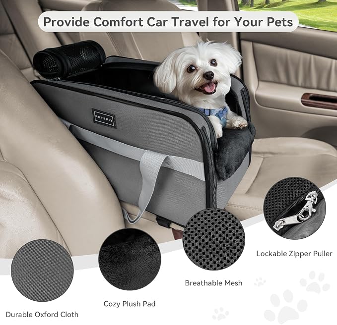 PETSFIT Multipurpose Center Console Dog Car Seat, Airline Approved Dog Car Carrier with Safety Tether and Pockets, Portable Cat Car Seat, Dog Car Seats for Small Dogs, Cats Up to 9 LBS (Deep Grey)