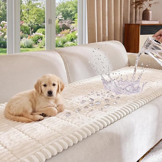 FUANGUI Waterproof Couch Cover Sofa Cover for Dogs and Pets Sofa Protector | Non-Slip Washable Fuzzy Soft Cat Bed Sofa Slipcover for 2-3 Cushion Couch Sofa Pet Friendly, Beige, 27.6" x 59.1", 1 pcs