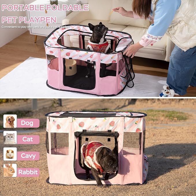 XRG Foldable Pet Playpen,Indoor Cat cage Puppy Crates M(31.5"x23.6"x21.7") | Portable Cat Kennel with Upgrade Breathable Mesh，Sturdy Kitten Playpen Indoor & Outdoor for Rabbit or Small Animals，Pink