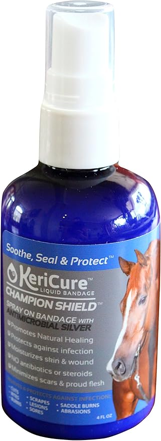 Champion Shield Silver Liquid Bandage Spray for Horses - 4oz Healing Silver Gel Spray for Livestock, Large Animal Wounds - Protective Sweatproof Barrier Blocks Flies - USEF Compliant Wound Protection