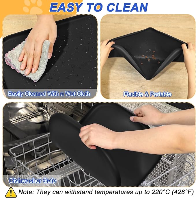 SMILOOL Waterproof Silicone Pet Food Mat with Raised Edge for Dog & Cat | 22" x 14" Non-Slip Pet Feeding Mats with Lip for Food & Water Bowl, Food Grade, Easy Cleaning, Black