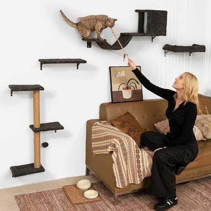 FUKUMARU Cat Wall Shelves, 4 in 1 Set, Grey | Stable & Safe Cat Walls Furniture, Wooden Kitten Climbing Wall with Scratching Post for 16 Inch Drywall
