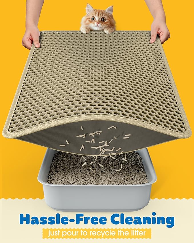 Cat Litter Mat - 30'' x 24'' Large Litter Trapping Mat, Easy to Clean Litter Box Mat, Waterproof, Urine-Proof, Non-Slip Kitty Litter Mats for Floor, Beige