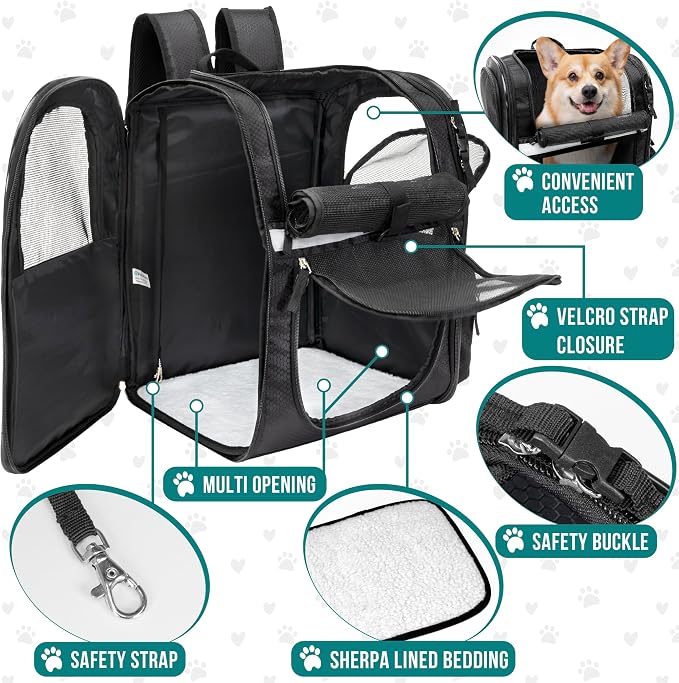 PetAmi Dog Backpack Carrier for Cats, 4-Way Entry Ventilated, 18 lbs, Black | Sherpa Bed Included, Foldable Load-In Top, Safety Reflective Strap, Breathable Mesh, Poop Bag Dispenser, Padded Back Support