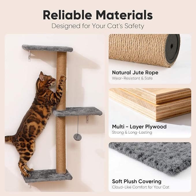 FUKUMARU Cat Wall Shelves, 4 in 1 Set, Light Gray | Stable & Safe Cat Walls Furniture, Wooden Kitten Climbing Wall with Scratching Post for 16 Inch Drywall