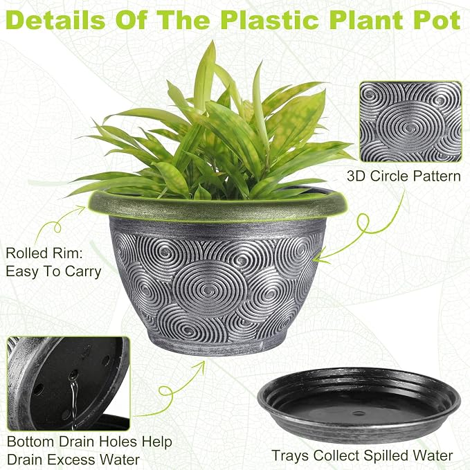 10-Inch -Plastic-Pots -For-Plant With Saucer, 4 Pack Outdoor Planters With Drainage Holes, Decorative Flower Pots For Indoor Plants, Modern 3D Swirl Silver Plant Pots With With Removable Tray