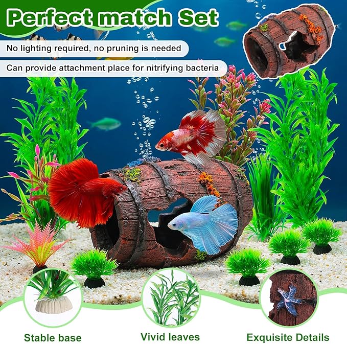 Cinnvoice 521 Pcs Plastic Fish Bowls Starter Kit, 2 Gallon & 0.27 Gallon Round Shatterproof Aquarium with Luminous Stones, Artificial Plants, Decor for Betta Goldfish, Small Fish Tank for Office