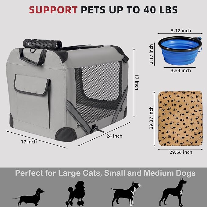 Petprsco Large Cat Carrier for 2 Cats/Small Dogs 24"x17"x17" for Car Travel | Soft Pet Carrier for Large Cats & Small/Medium Dogs, Includes Warm Blanket, Foldable Bowl & Washable Pad, for Long Car Trips