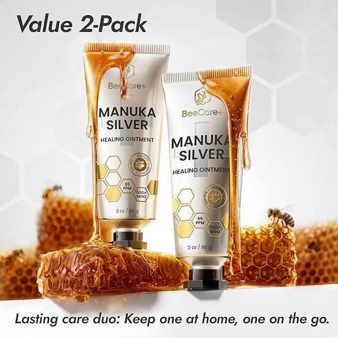 2-Pack Manuka + Silver Healing Ointment in a 2-oz Tube – Hot Spot Treatment for Dogs and Cats – Scratches, Burns & Irritations Care with 55-PPM Colloidal Silver and 500+ MGO Manuka Honey