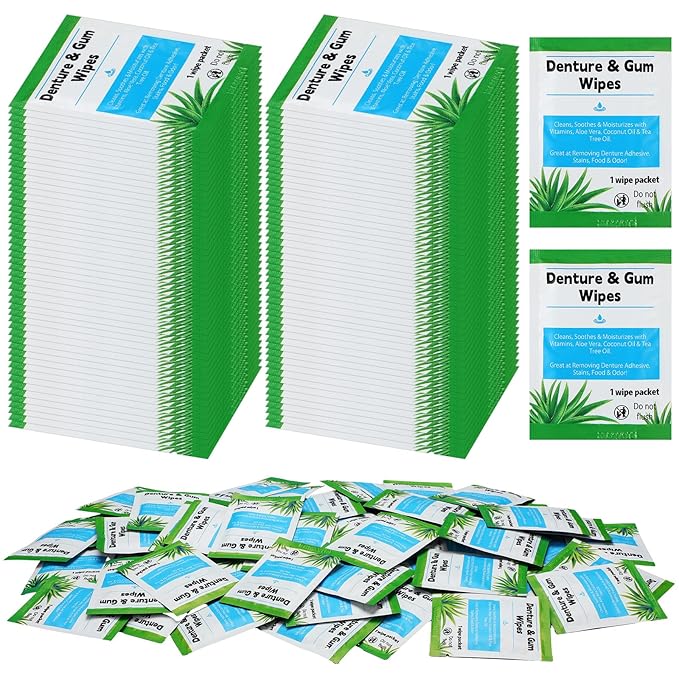 Timgle 100 Pcs Denture Cleaning Wipes Refreshes Mouth Deep Cleaning Wipes for Remove Denture Adhesive, Food Debris, Stains and Odor (Classic)