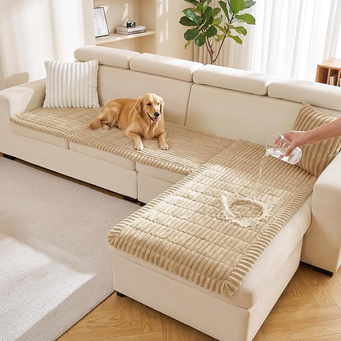 FUANGUI 2 Pack Waterproof Couch Cover for Dogs Pets Sofa Protector | Non-Slip Washable Fuzzy Soft Sofa Slipcover for 2 PCS L Shaped Sofa Pet Friendly, 27.6" x 59.1"+27.6" x 70.9",Khaki