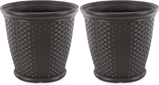 Suncast 2 Pack Sonora 22 Inch Plastic Wicker Indoor or Outdoor Decorative Garden Flower Planter for Entryways, Porch, and Backyard Patios, Dark Brown