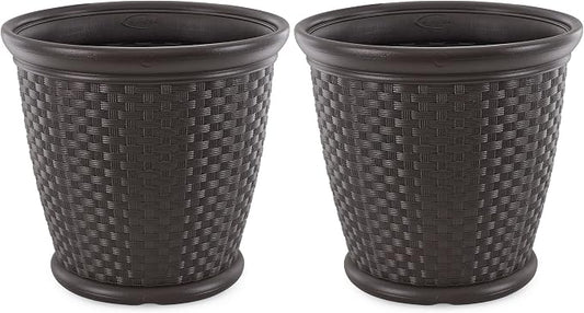 Suncast 2 Pack Sonora 22 Inch Plastic Wicker Indoor or Outdoor Decorative Garden Flower Planter for Entryways, Porch, and Backyard Patios, Dark Brown